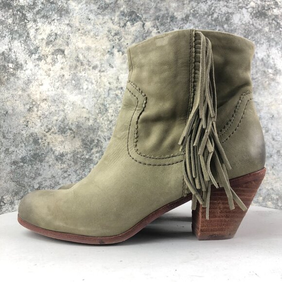 Sam Edelman Women's Size 11M Louie Green Leather Fringe High Heel Ankle Boots - Picture 6 of 15